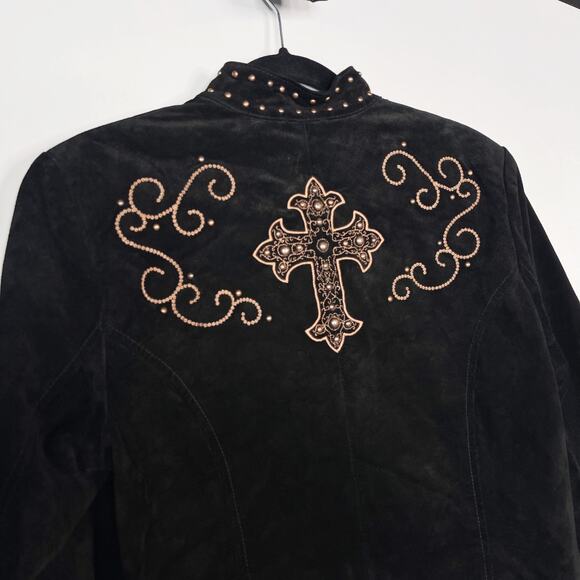 Scully Womens M Black Bronze Studded Cross Suede Leather Jacket Western Country - Picture 8 of 12